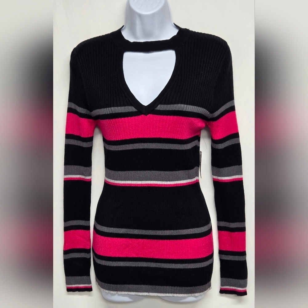 No Boundaries Choker Sweater XL Jr. 15-17 Pink Black Stripe Stretch Ribbed